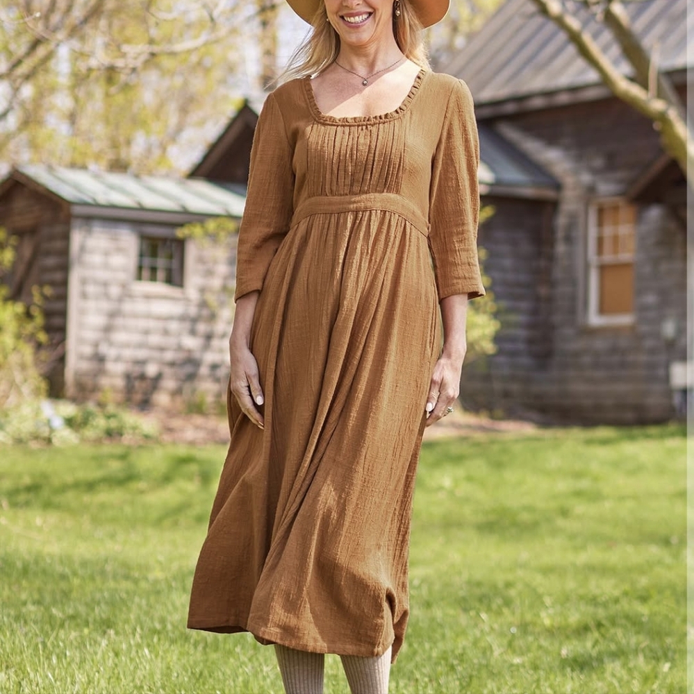 NWOT April Cornell Jane Austen Dress XS Brown Ochre Pleated Tie Back